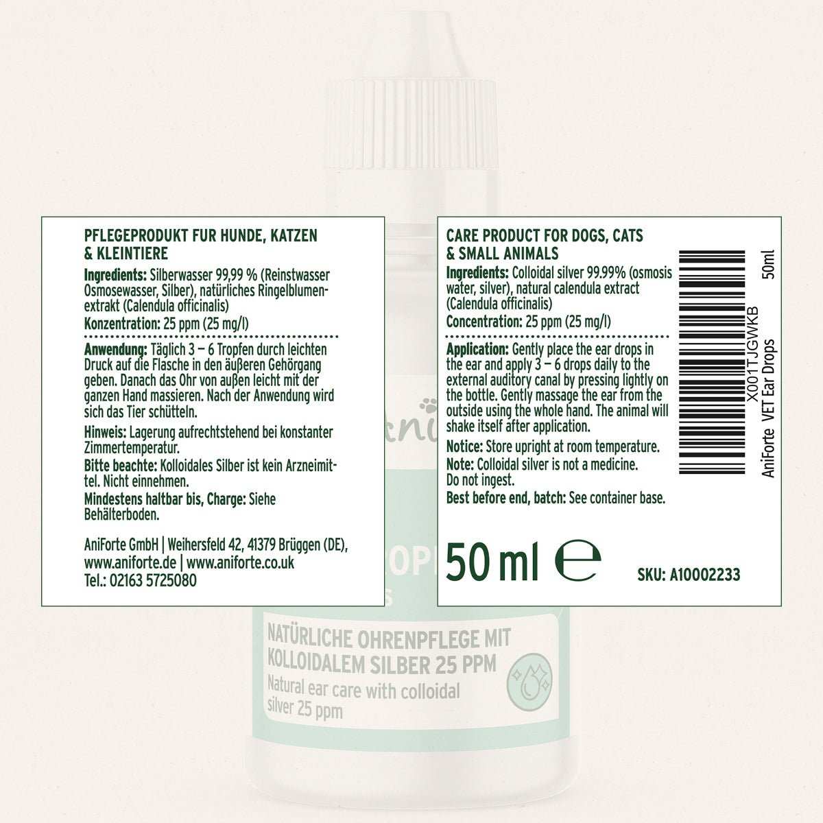 Inhaltsangabe für Natürliche VET Ohrentropfen für Haustiere mit Silberwasser und Ringelblume, 50 ml Pflegeprodukt.