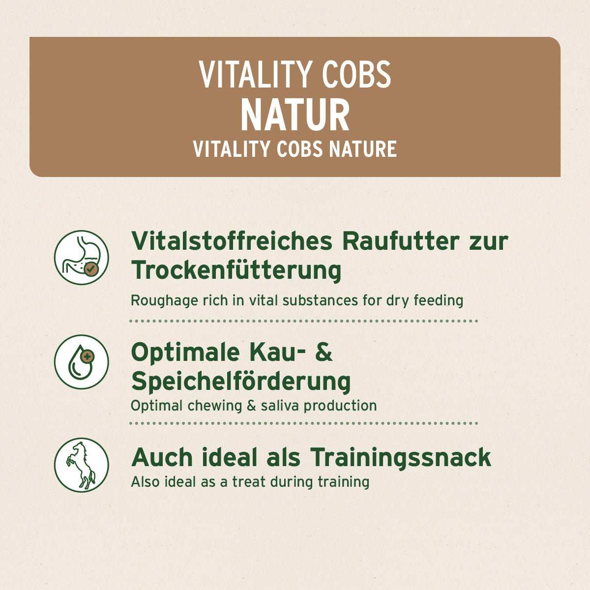 Infografik Vitality Cobs Natur Produktetikett mit Informationen zur Kau- und Speichelförderung sowie Nutzung als Trainingssnack für Pferde.