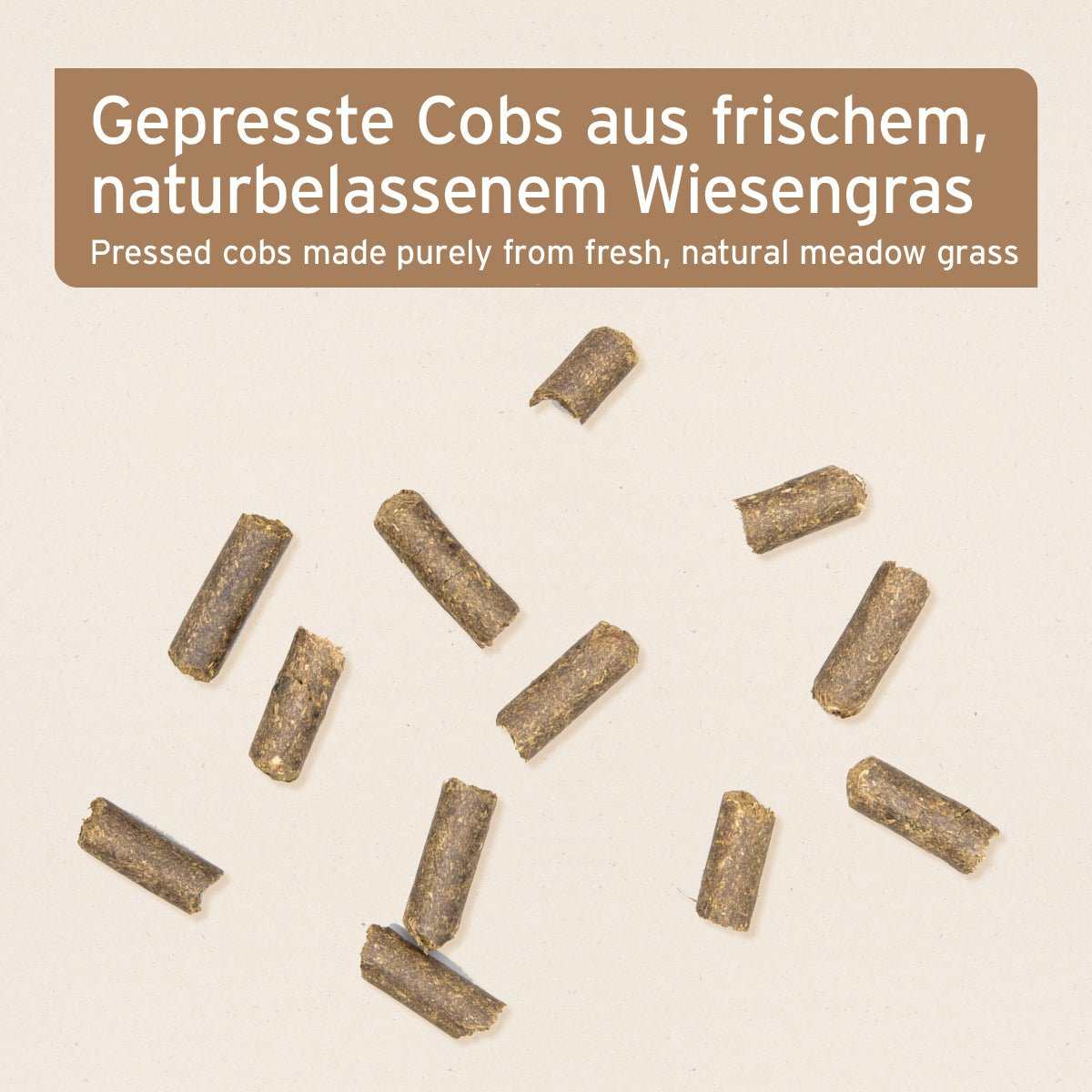Gepresste Heucobs aus naturbelassenem Wiesengras für Pferde, staub- und energiearm.