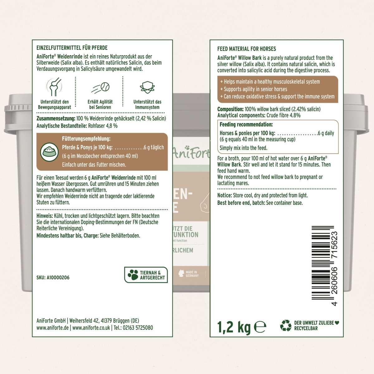 Produktetikett Weidenrinde - AniForte mit Behälter im Hintergrund.