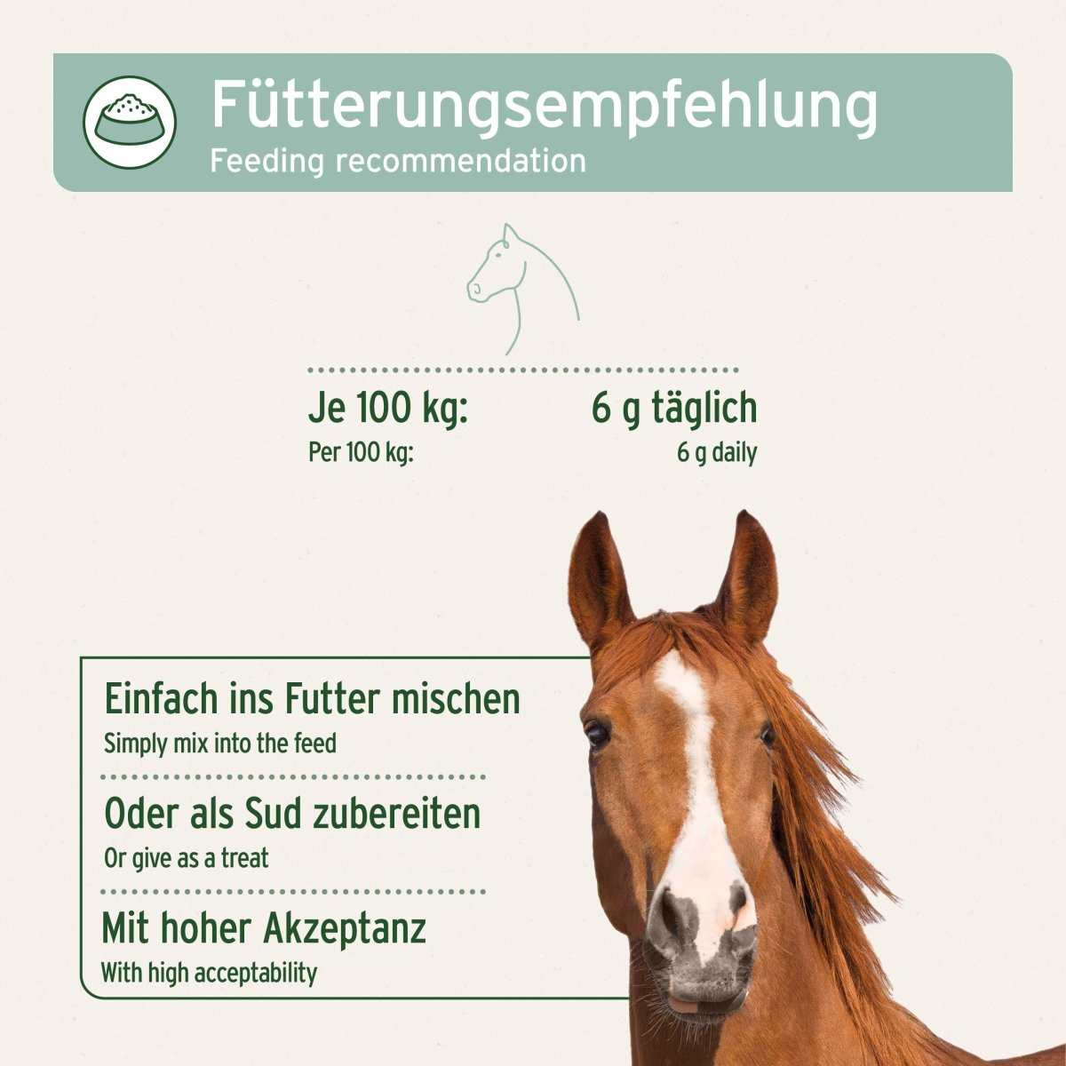 Fütterungsempfehlung für AniForte® Weidenrinde für Pferde, Dosierung 6g pro 100kg, hohe Akzeptanz.