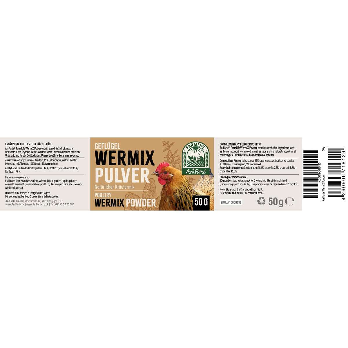 Etikett von FarmLife WermiX für Geflügel, eine Kräutermischung zur Unterstützung nach kuriertem Wurmbefall, 50 g.