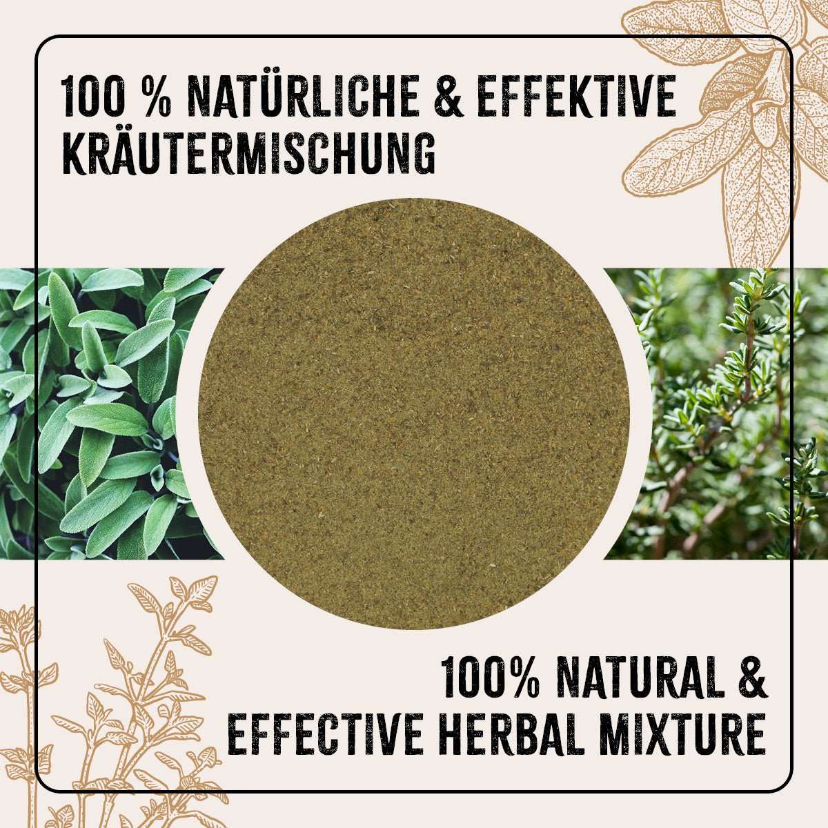 100 % natürliche Kräutermischung für Geflügel, bestehend aus Thymian, Beifuß, Wermut und Salbei.