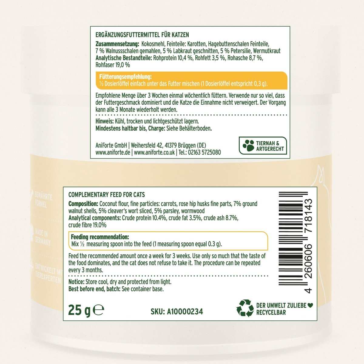 Hinterseite der Verpackung von WermiX Pulver für Katzen mit Inhaltsangaben, Fütterungsempfehlung und Qualitätsangaben.