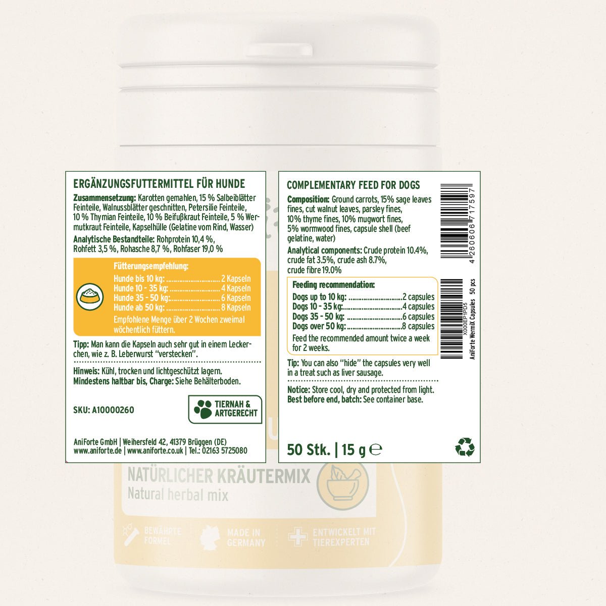 WermiX Kapseln für Hunde mit pflanzlicher Kräutermischung zur Unterstützung nach Wurmbefall in weißer Dose