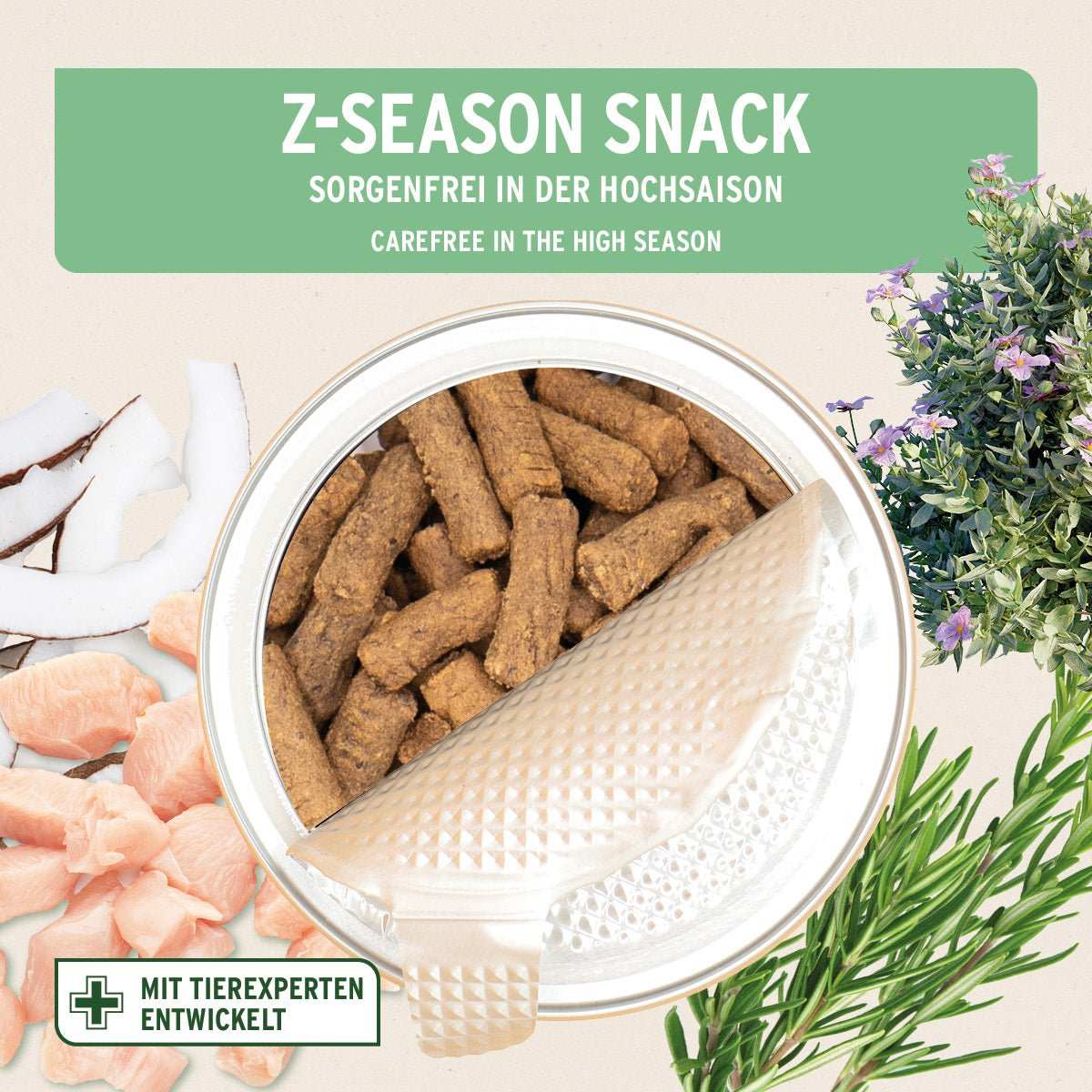 AniForte® Z-Season Snack für Hunde mit Hähnchenfleisch, Schwarzkümmel, Kokos, zart und getreidefrei.