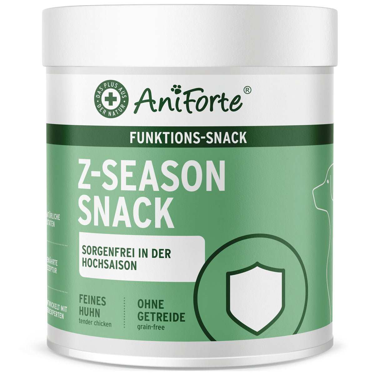 AniForte® Z-Season Snack for dogs, monoprotein chicken, grain-free, with black cumin, coconut, and vitamin B1.