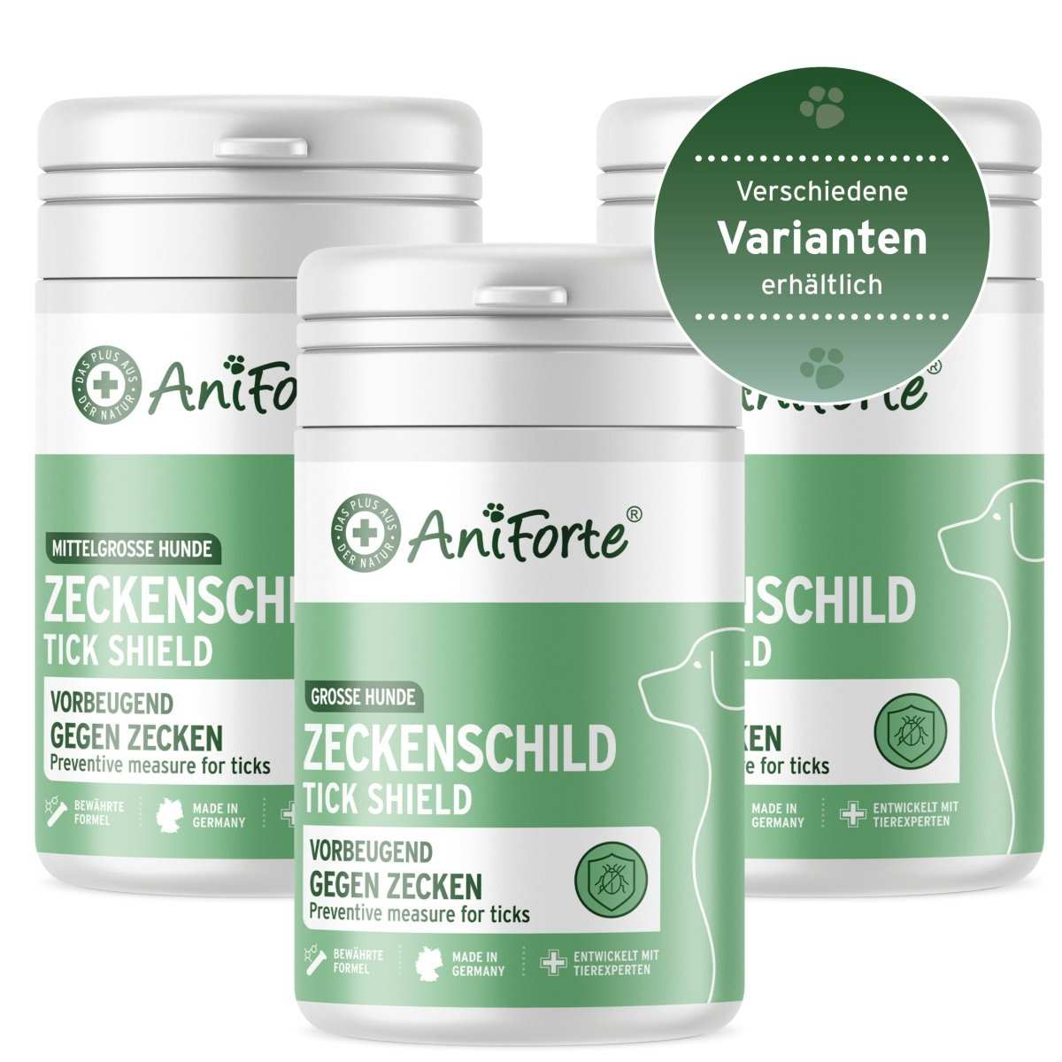 ZeckenSchild Kapseln für Hunde von AniForte zur Unterstützung des Zeckenschutzes, Varianten erhältlich.