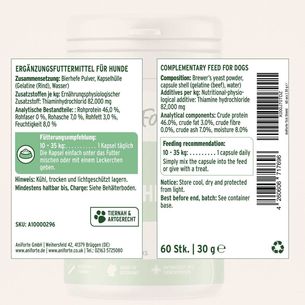 ZeckenSchild Kapseln für Hunde von AniForte® zur Unterstützung des Schutzes vor Zecken, basierend auf Bierhefe und Thiamin.