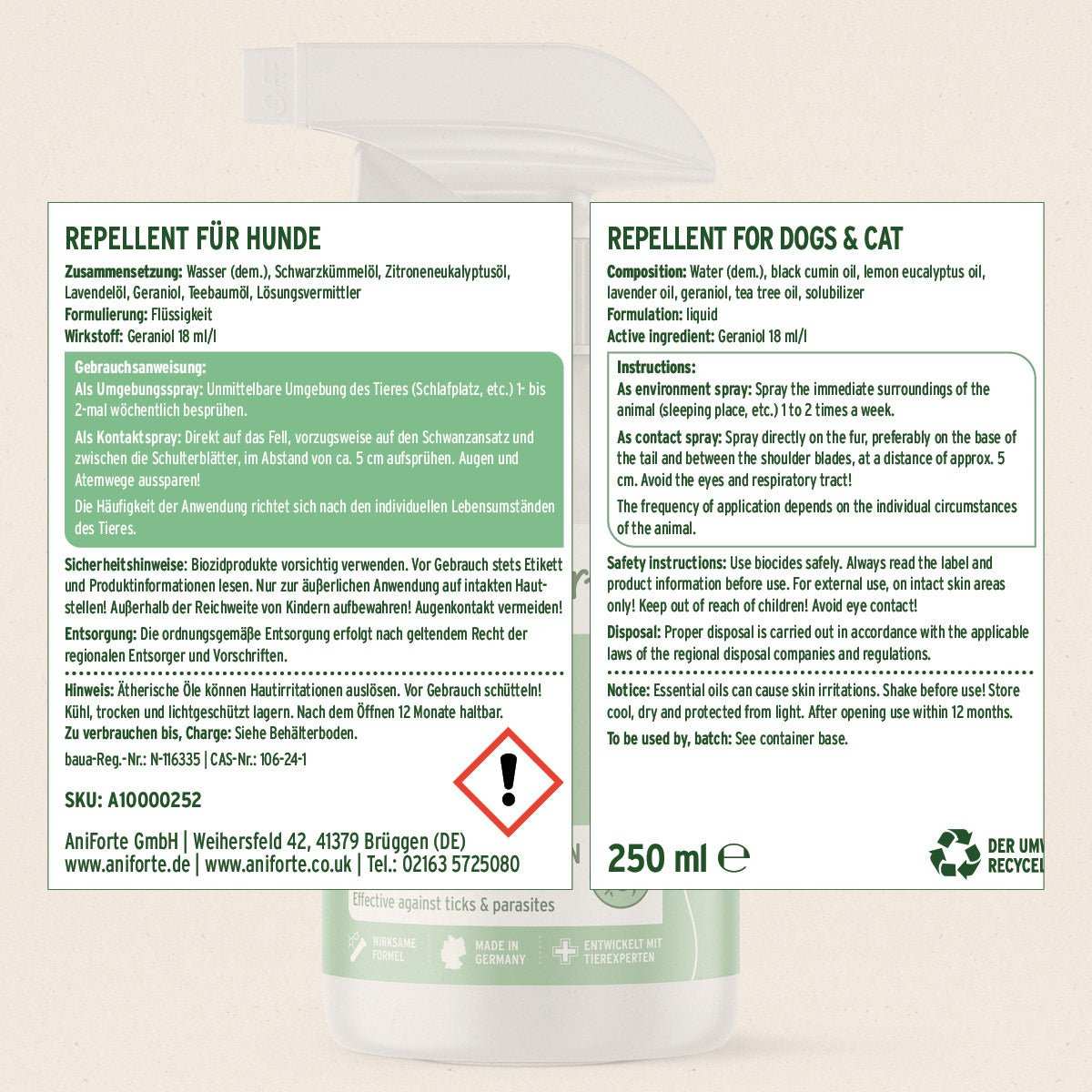 Zeckenspray für Hunde von AniForte, effektives Mittel gegen Zecken und Ektoparasiten, 250 ml Flasche.