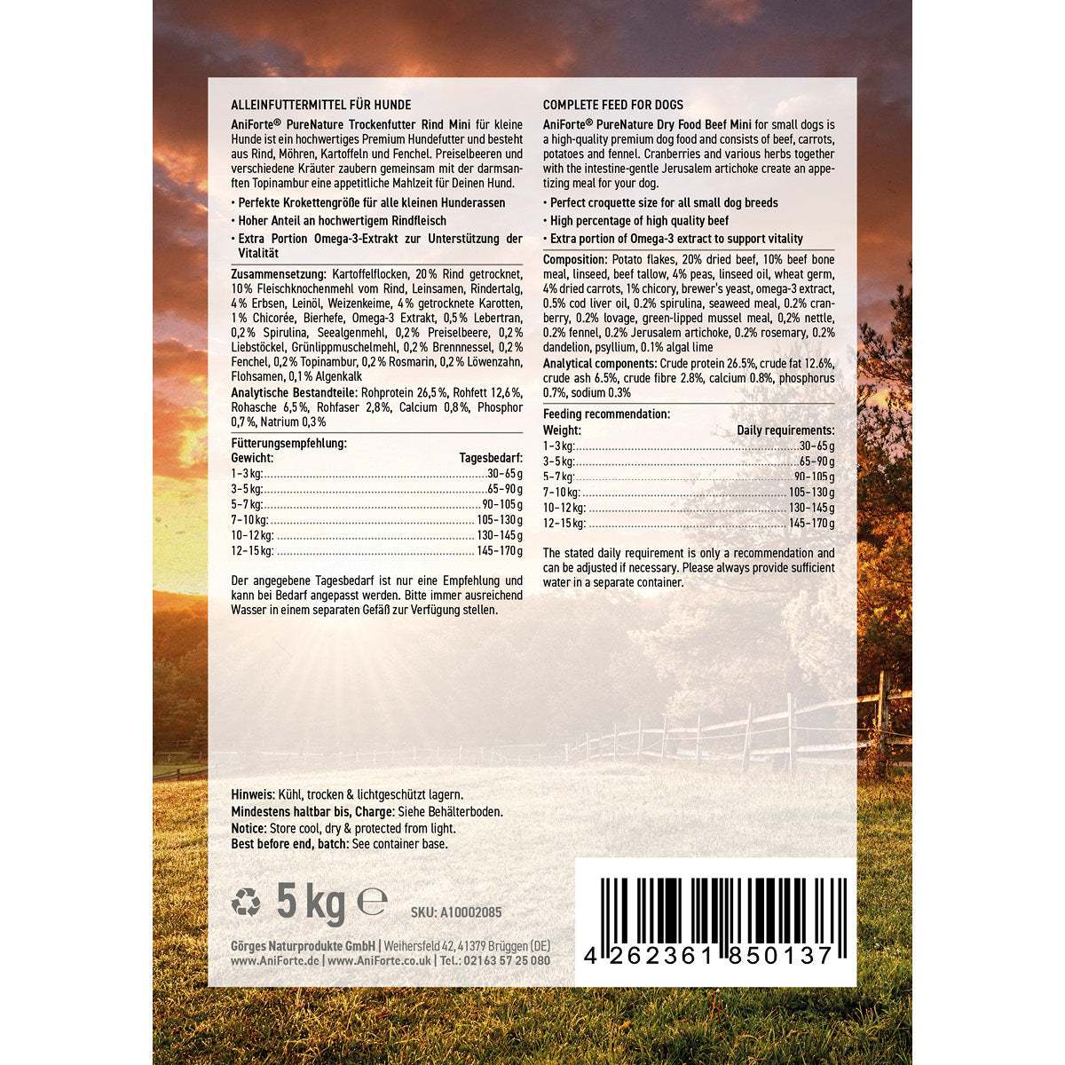 Inhaltsangabe AniForte® Trockenfutter Rind Mini für kleine Hunde, 5kg Packung, Premium Hundefutter aus Rind, Möhren, Kartoffeln, fenchel, ohne Getreide, reich an Omega-3, ideal für kleine Hunderassen.