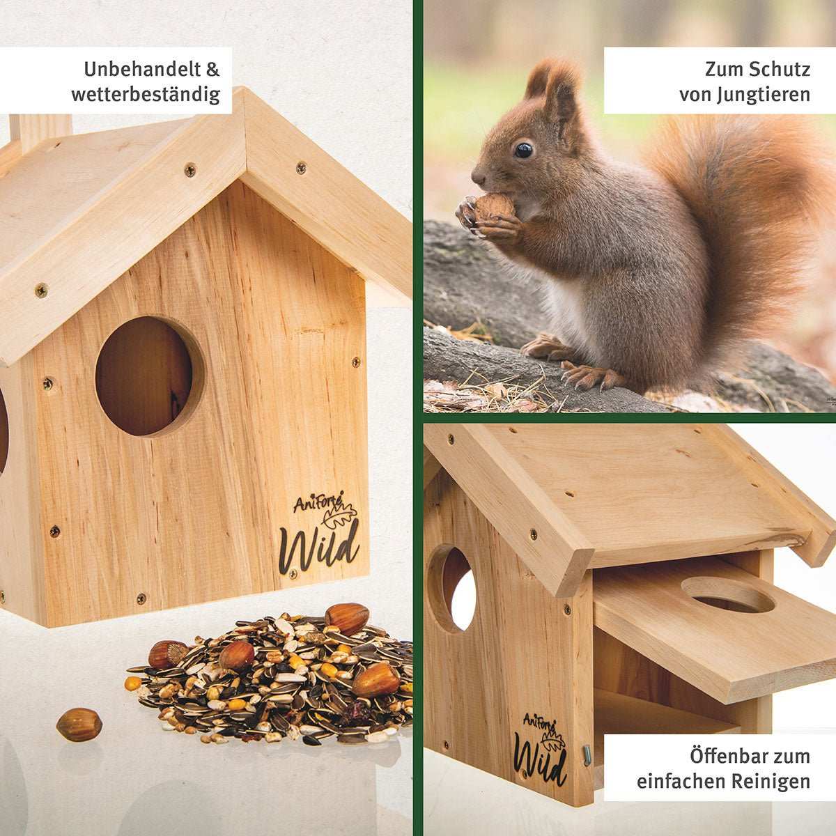 Eichhörnchenkobel aus naturbelassenem Holz und futterndes Eichhörnchen.