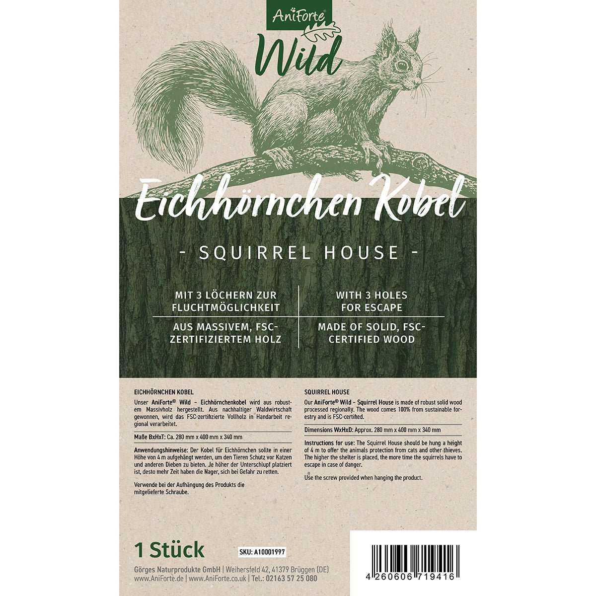 Produktetikett des AniForte® Wild Eichhörnchenhauses, wetterfest und aus massivem FSC-zertifiziertem Holz, mit drei Fluchtlöchern.