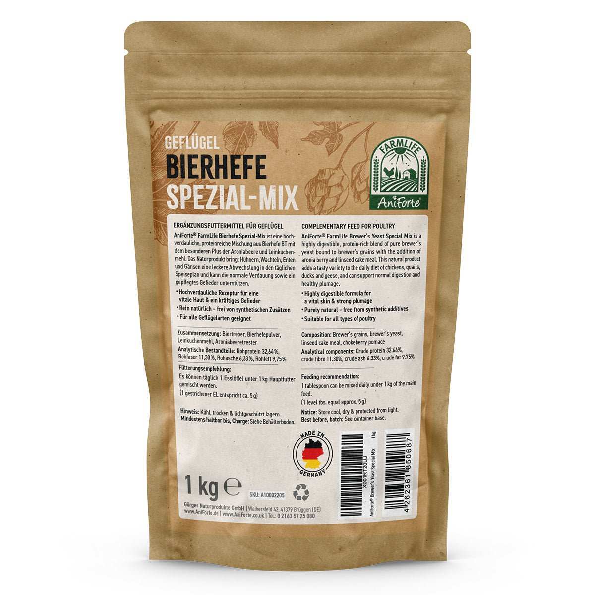 FarmLife Geflügel Bierhefe Spezial Mix, Ergänzungsfuttermittel für Geflügel, 1 kg Packung, nährstoffreich, natürliche Zutaten.