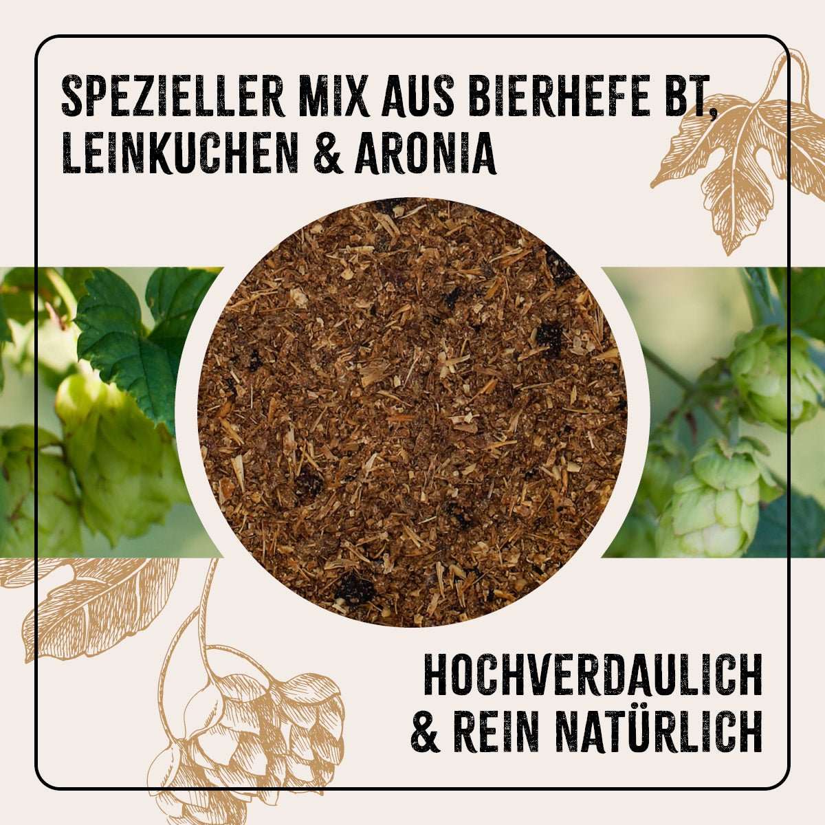 Ergänzungsfuttermittel für Geflügel mit Bierhefe, Leinkuchen und Aronia, hochverdaulich und rein natürlich.