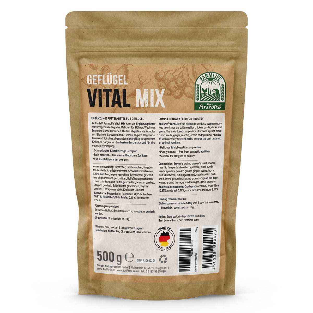 Geflügel Vital Mix Pulver von FarmLife, Ergänzungsfuttermittel, hochwertige Zutaten, 500g Packung.