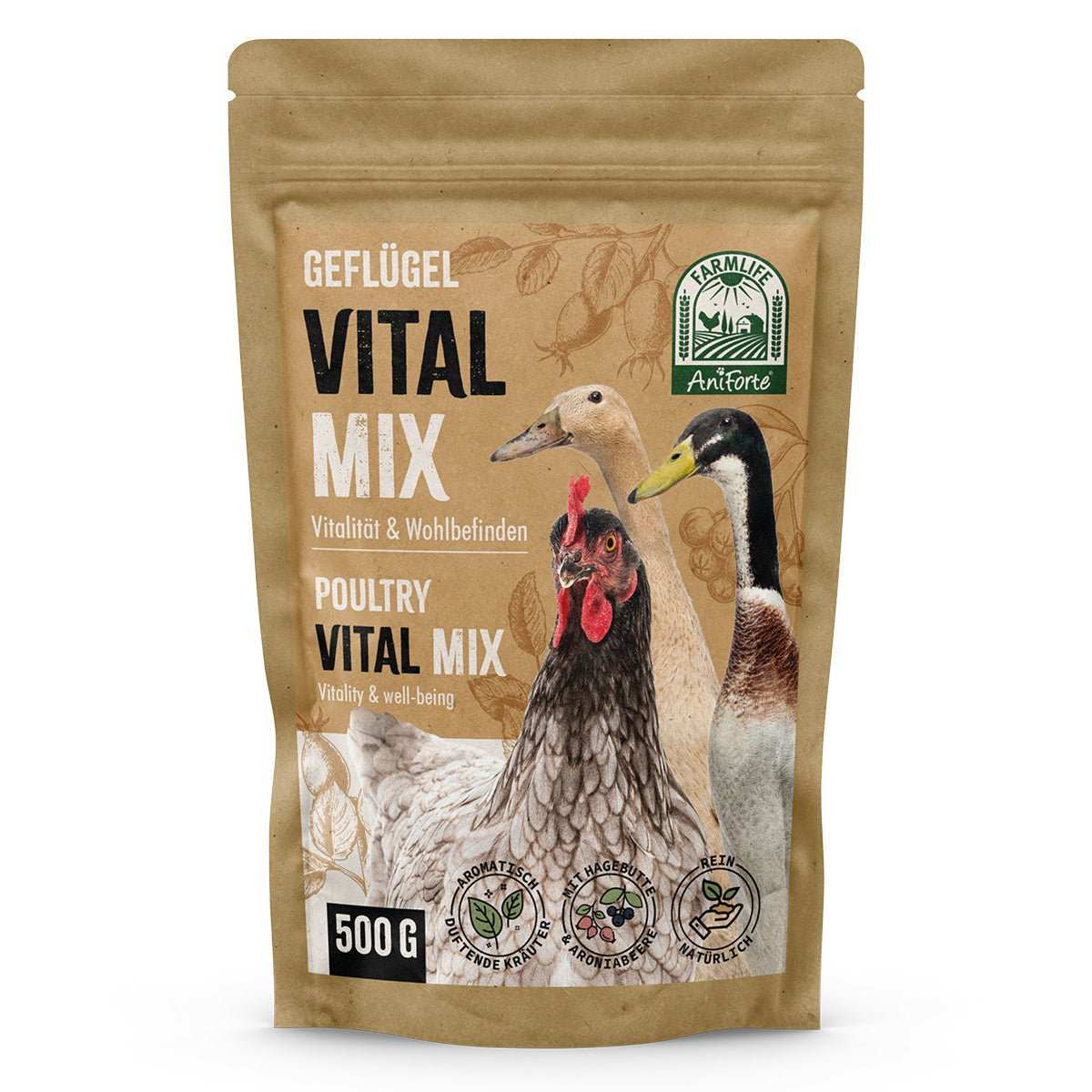 FarmLife Geflügel Vital Mix Pulver packaging for poultry vitality and wellbeing, 500g.