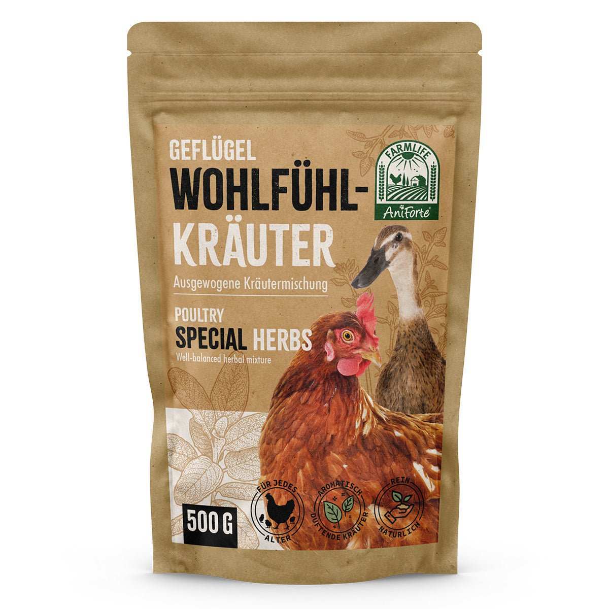 Geflügel Wohlfühlkräuter von AniForte®, 500 g Packung, natürliche Kräutermischung zur Unterstützung des Immunsystems bei Hühnern und Geflügel.