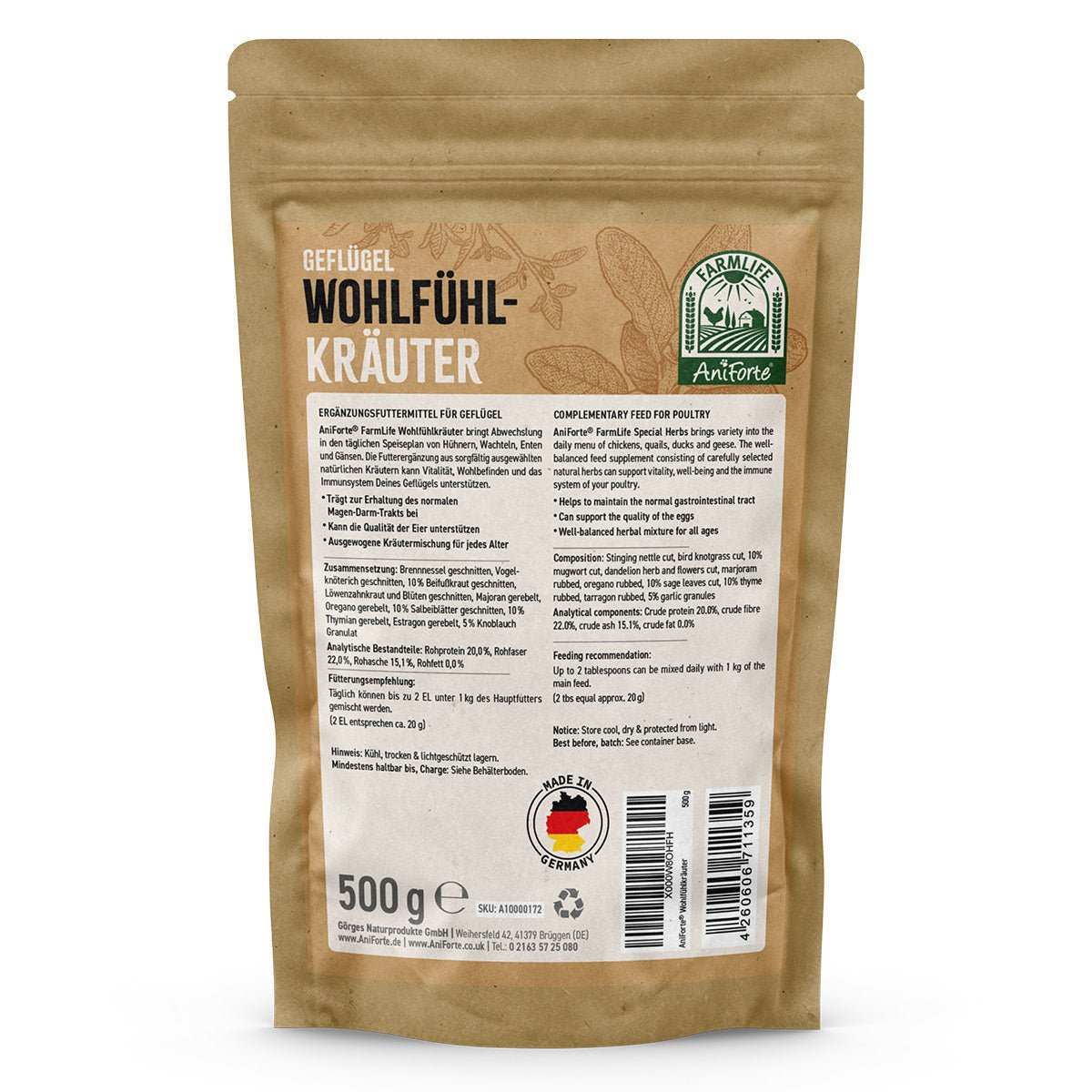 Braune Packung Natürliche Geflügel-Wohlfühlkräuter von AniForte für Immunsystem und Vitalität, 500g Packung.