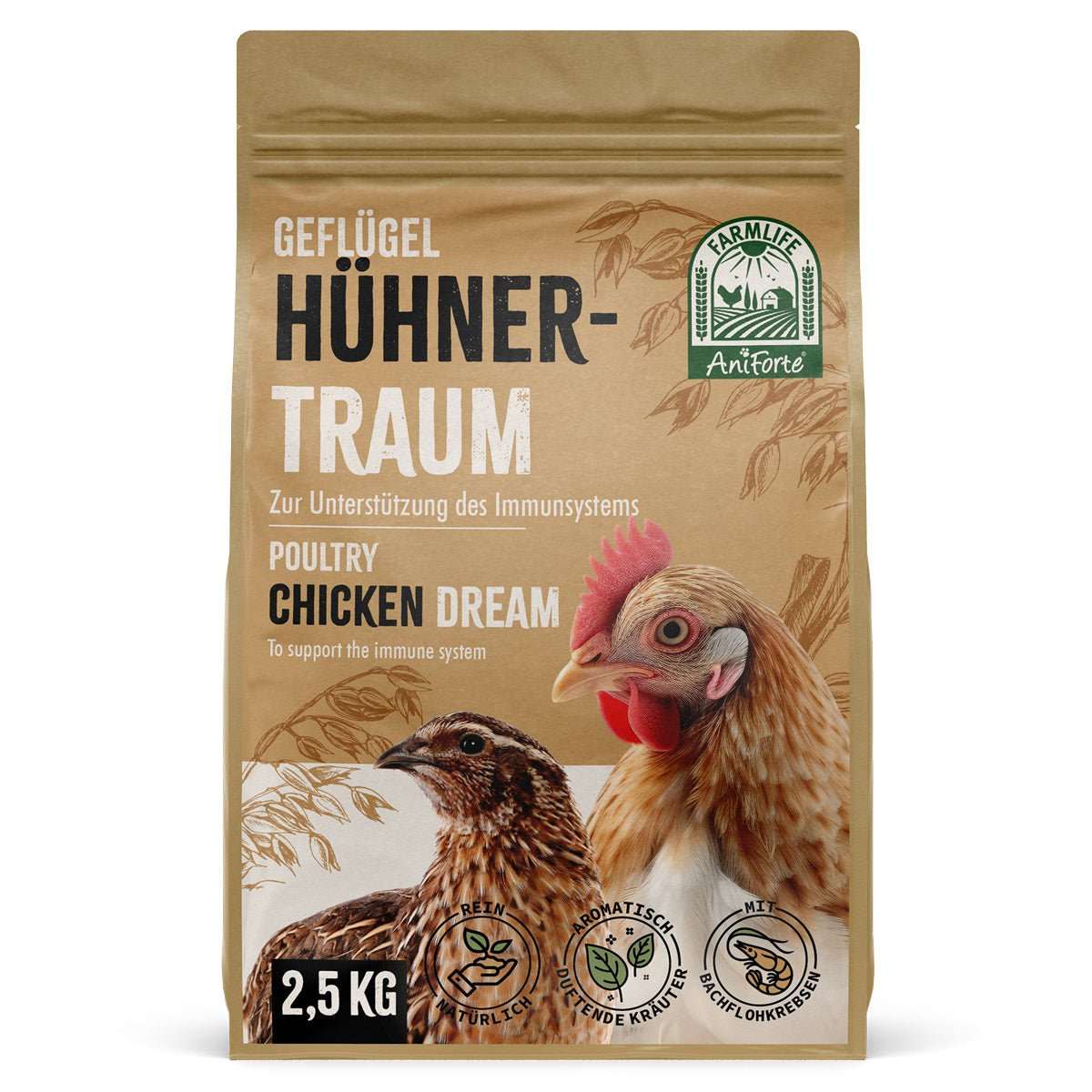 Verpackung des natürlichen Zusatzfutters 'FarmLife Hühnertraum' mit abgebildeten Hühnern, 2,5 kg.