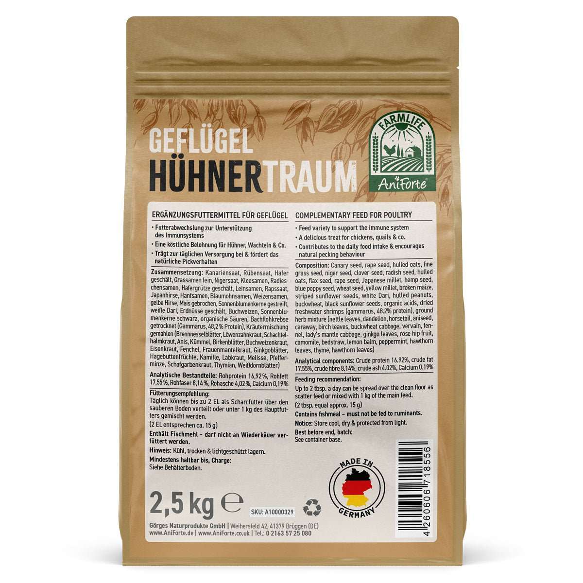 AniForte® FarmLife Hühnertraum Zusatzfutter für Geflügel, 2,5 kg Packung, hochwertiges Hühnerfutter zur Unterstützung des Immunsystems, hergestellt in Deutschland.