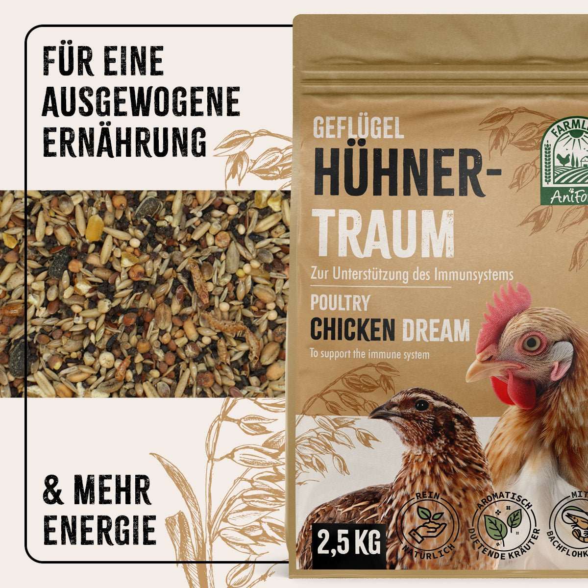 Natürliches Zusatzfutter "FarmLife Hühnertraum" für Hühner, 2.5 kg Packung mit Saatenmischung und Kräutern zur Unterstützung des Immunsystems.