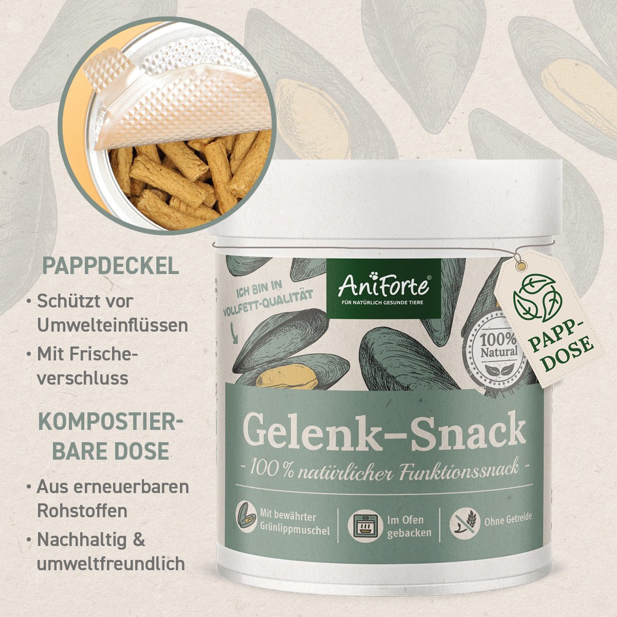 Gelenk-Snack in Kompostierbarer Dose und Pappdeckel mit Frischeverschluss