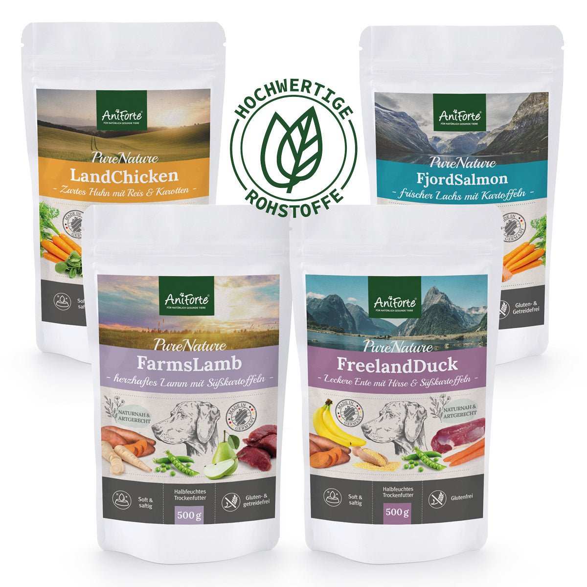 Probierpaket Halbfeuchtes Trockenfutter 4x500g, AniForte PureNature, LandChicken, FjordSalmon, FarmsLamb, FreelandDuck, hochwertiges Premium Hundefutter.
