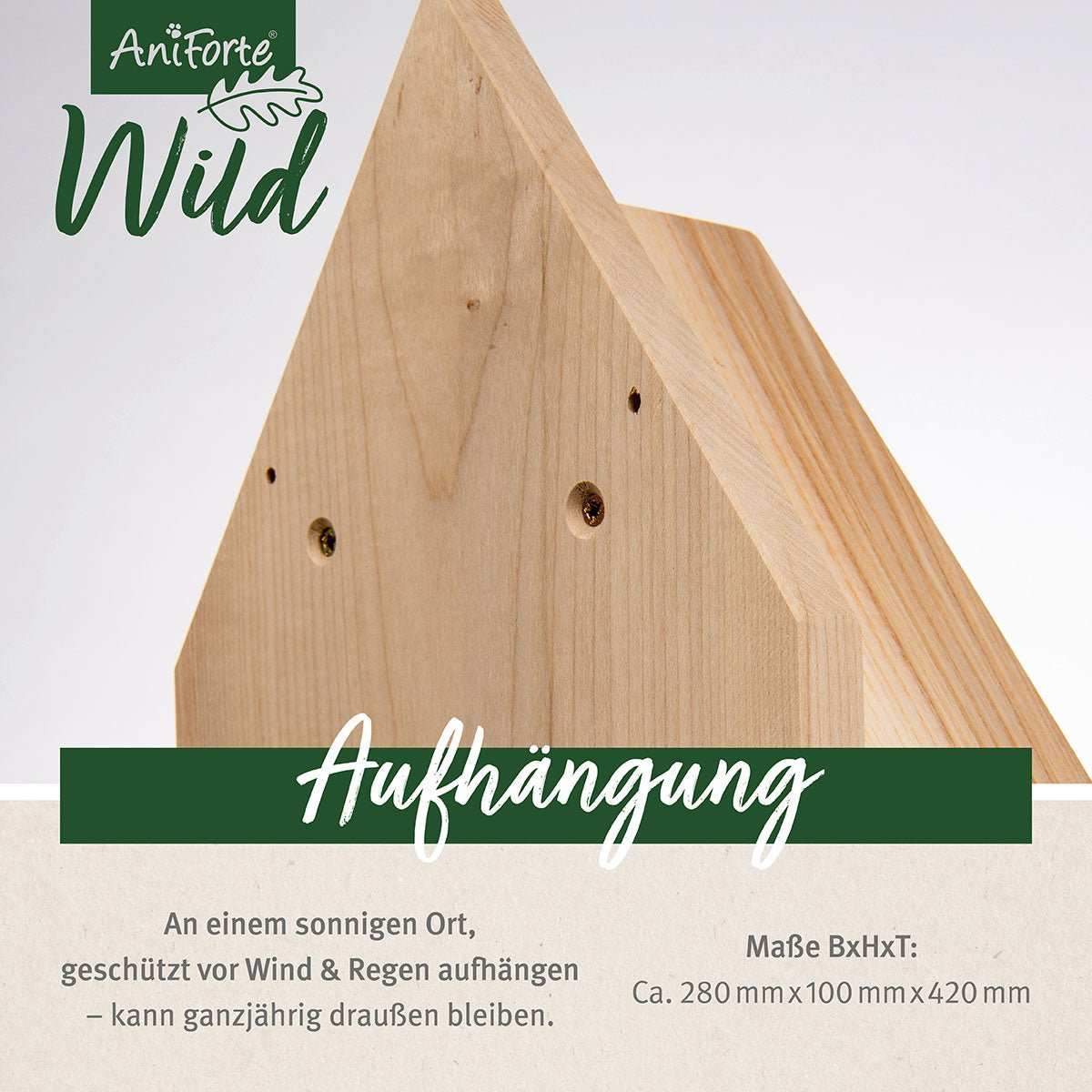 Insektenhotel aus massivem Holz mit Lockstoff, bietet Lebensraum für Bienen, Wespen, Schmetterlinge, Ohrenkneifer, Marienkäfer und Florfliegen, Maße 280x100x420 mm.