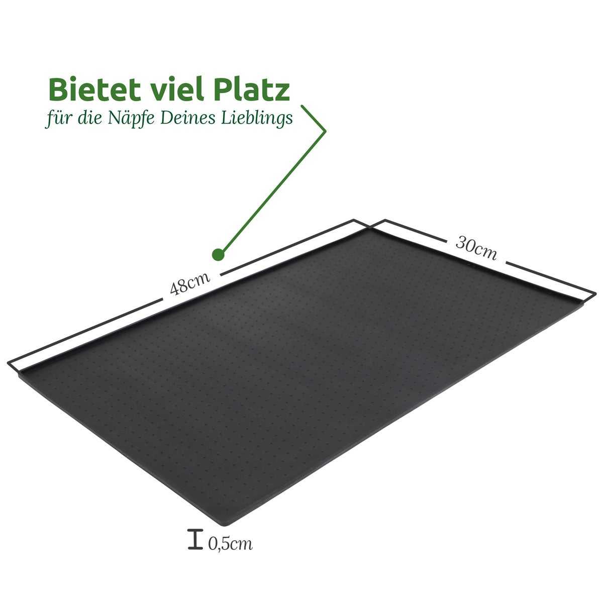 Napfunterlage für Hunde und Katzen aus rutschfestem Silikon mit erhöhtem Rand, Größe 48x30cm, wasserfest und leicht zu reinigen.