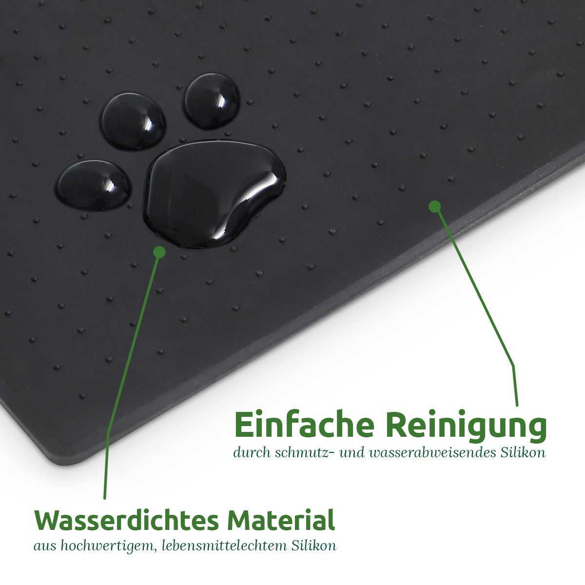 Napfunterlage aus rutschfestem, lebensmittelechtem Silikon mit hoher Rand und Noppenstruktur, ideal für sauberen Futterplatz.