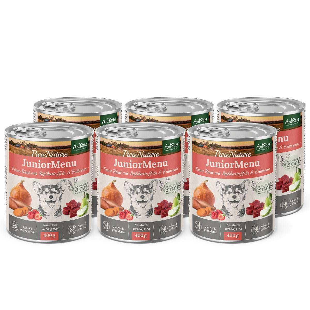 Nassfutter für Welpen mit feinem Rind und Süßkartoffeln, getreidefrei, AniForte PureNature JuniorMenue, 6 Dosen.
