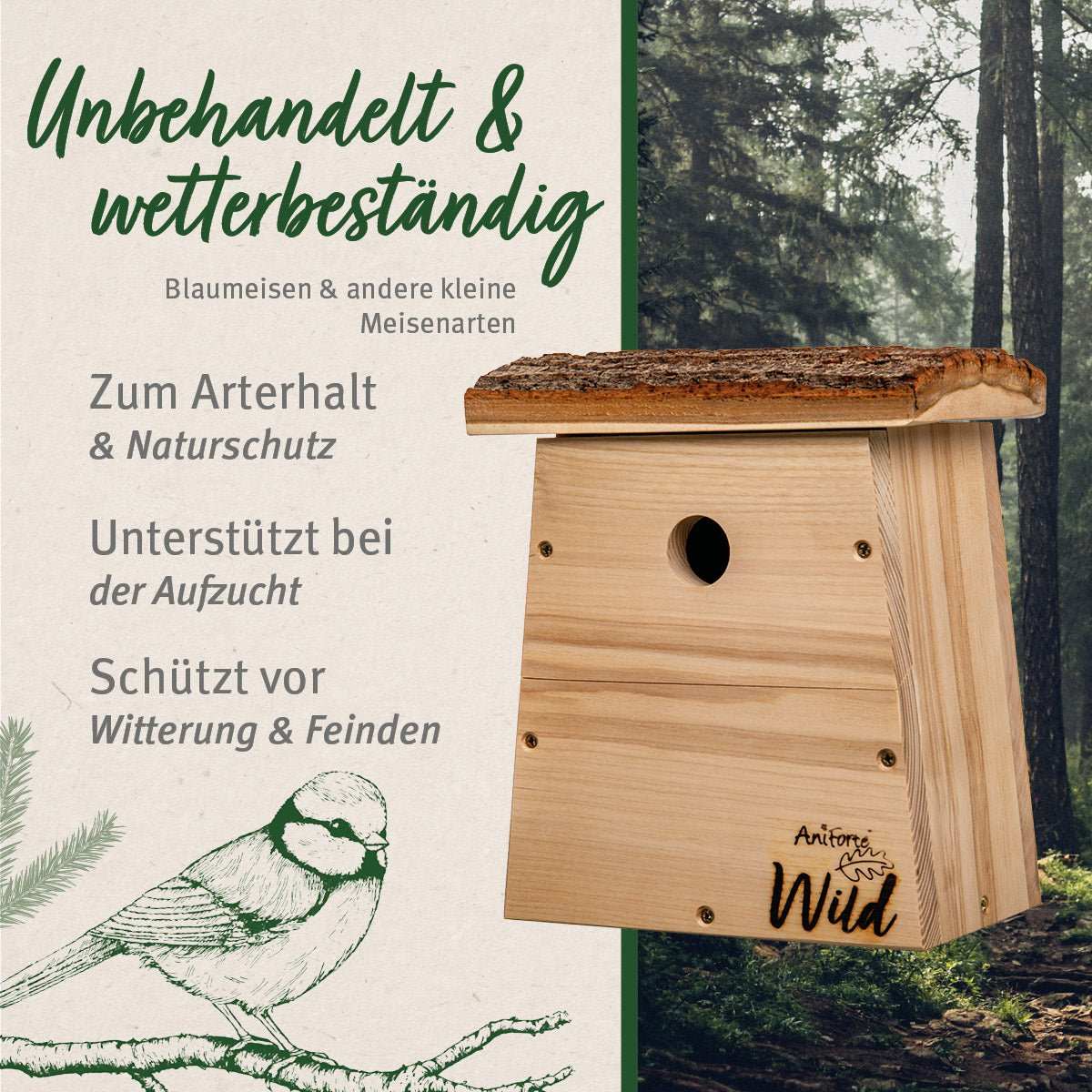 Nistkasten für Blaumeisen aus unbehandeltem Holz mit 28 mm Einflugloch, ideal für kleine Meisenarten, witterungsbeständig und nachhaltig.
