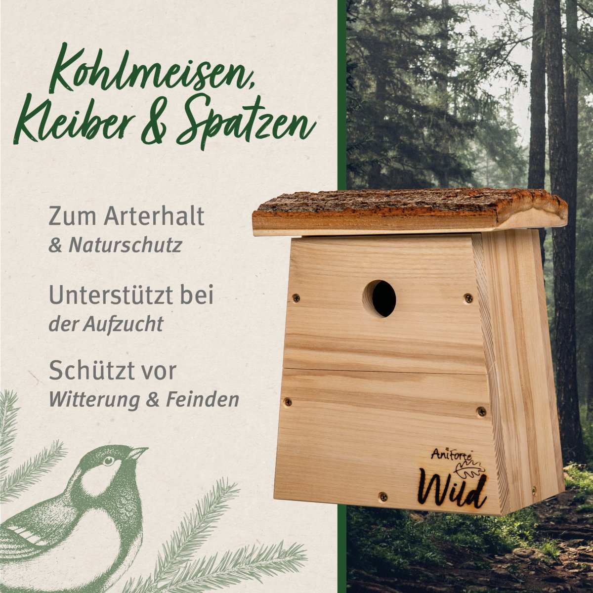 Nistkasten für Kohlmeisen aus naturbelassenem Holz, 32 mm Einflugloch, witterungsfest, hängt am Baum.