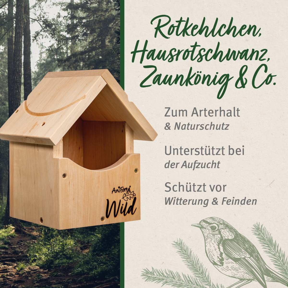 AniForte® Wild Nistkasten für Rotkehlchen, aus nachhaltigem Holz, ideal für Halbhöhlenbrüter wie Zaunkönige.