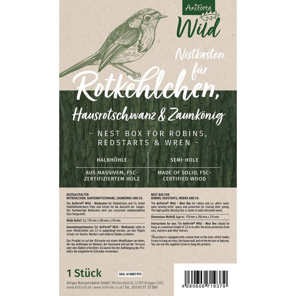 Produktbeschreibung Nistkasten für Rotkehlchen, aus massivem FSC-zertifiziertem Holz, ideal für Halbhöhlenbrüter wie Rotkehlchen, Hausrotschwanz und Zaunkönig.