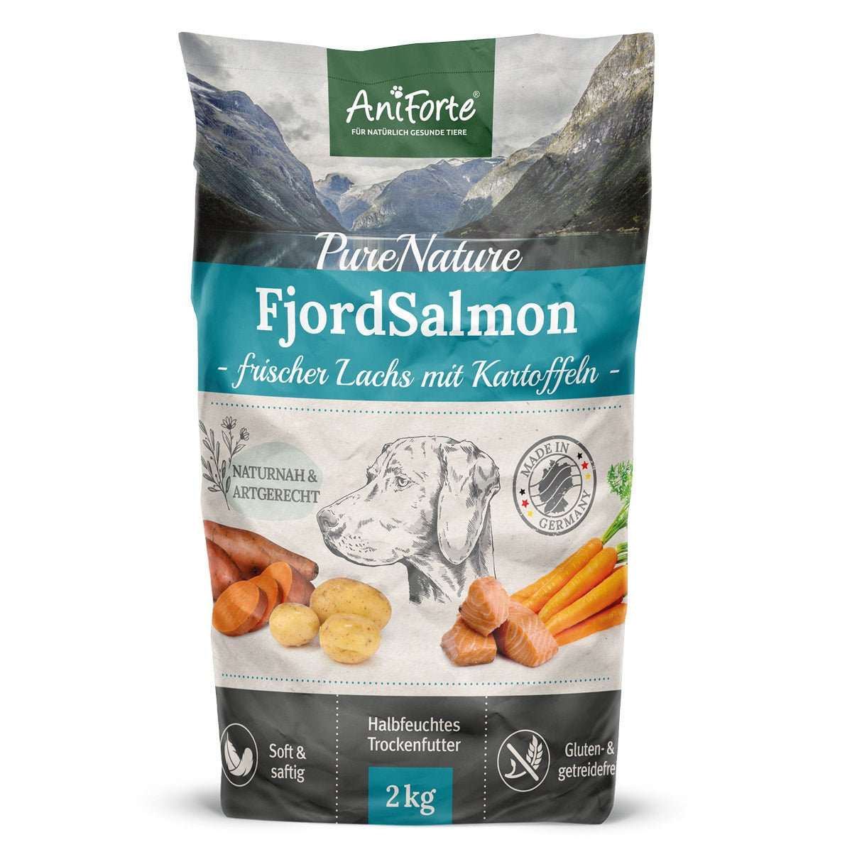 AniForte PureNature FjordSalmon Hundefutterpackung mit frischem Lachs und Kartoffeln, 2 kg.