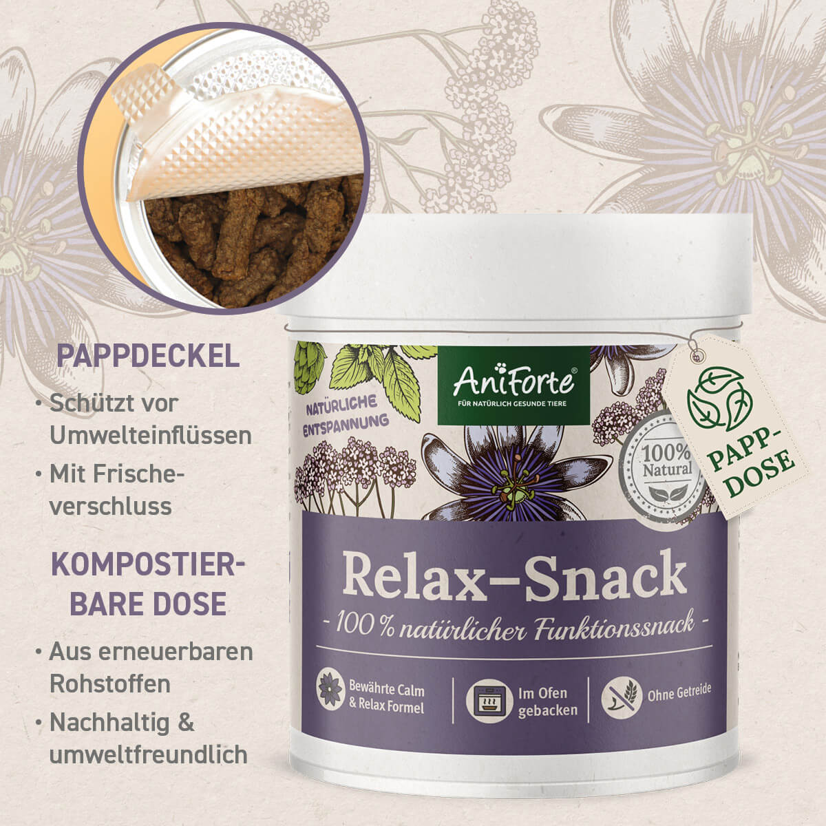 Relax-Snack mit Pappdeckel und Kompostierbarer Dose hergestellt, um die Umwelt und die Snacks zu schützen- AniForte