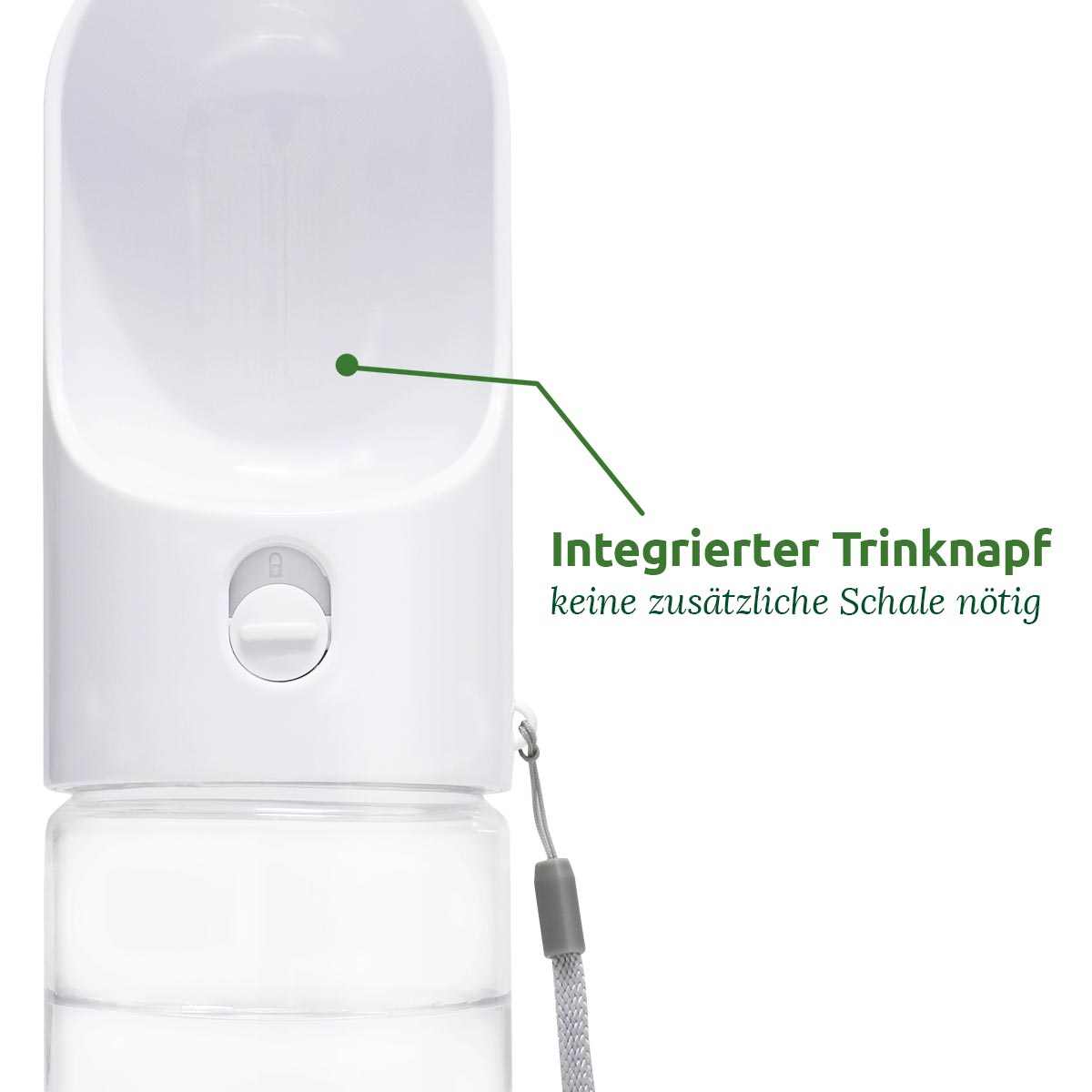 Trinkflasche für Hunde mit integriertem Trinknapf und Halteschlaufe, auslaufsicheres Design für unterwegs.