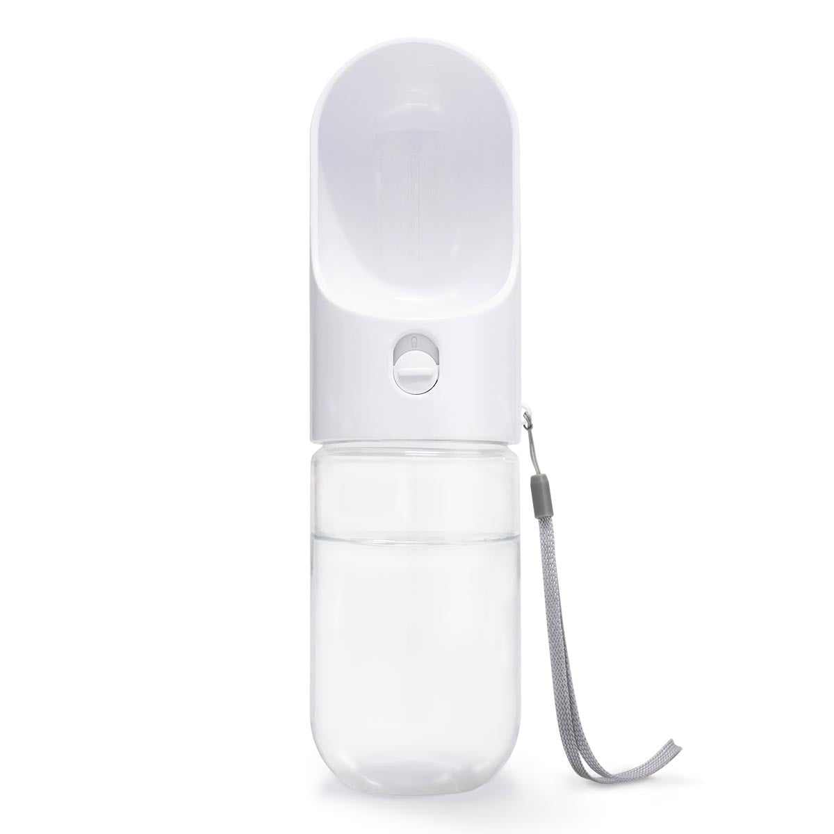 Auslaufsichere Trinkflasche für Hunde mit integriertem Trinknapf, ideal für unterwegs.