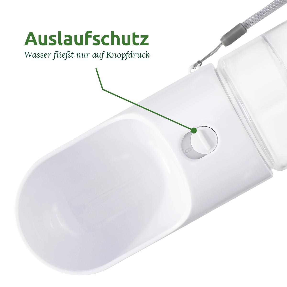 Auslaufsichere Trinkflasche für Hunde, 400 ml, mit integriertem Trinknapf und Halteschlaufe, ideal für unterwegs.