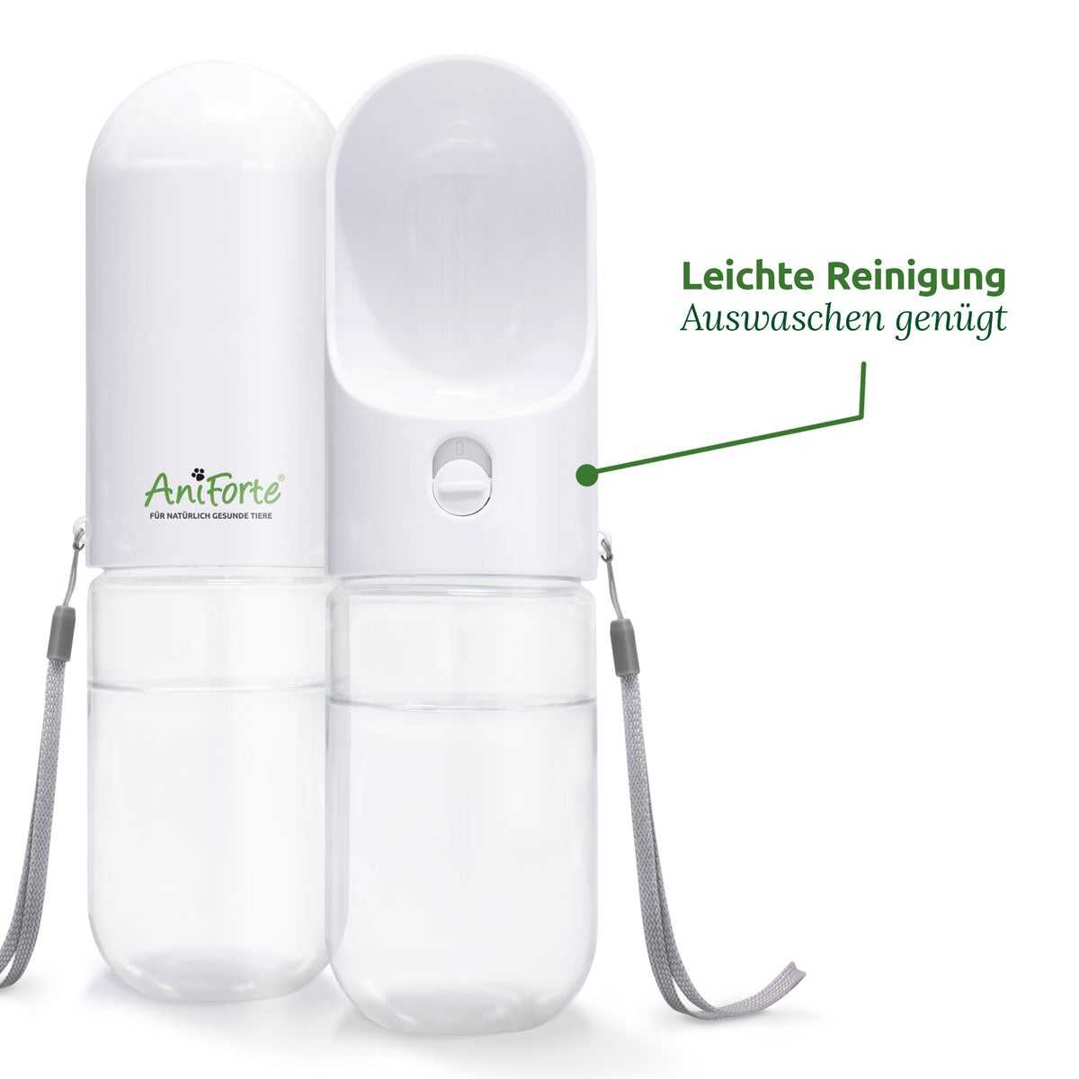 Trinkflasche für Hunde mit integriertem Trinknapf, auslaufsicher, 400 ml, AniForte®, leicht zu reinigen, PET & ABS Material.