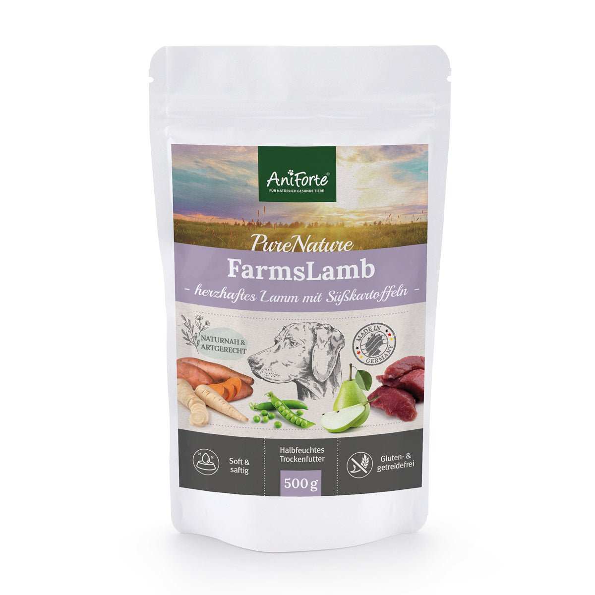 AniForte PureNature Trockenfutter FarmsLamb - halbtrockenes Hundefutter mit Lamm und Süßkartoffeln, 500g Verpackung.