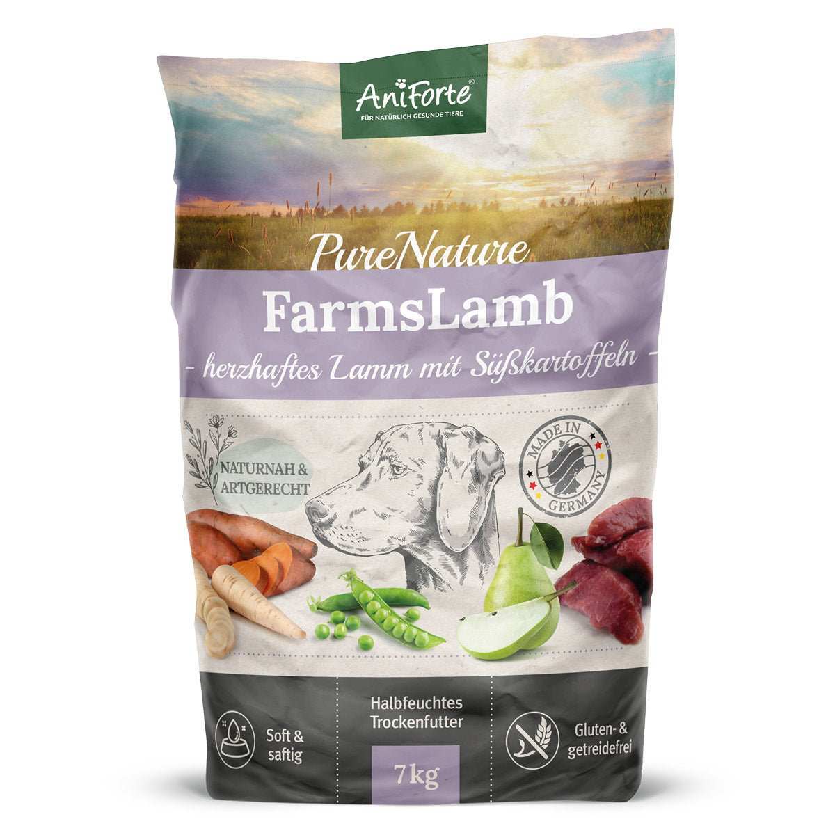 AniForte PureNature FarmsLamb Hundefutter, Lamm mit Süßkartoffeln, 7 kg Packung, halbfeucht und getreidefrei.