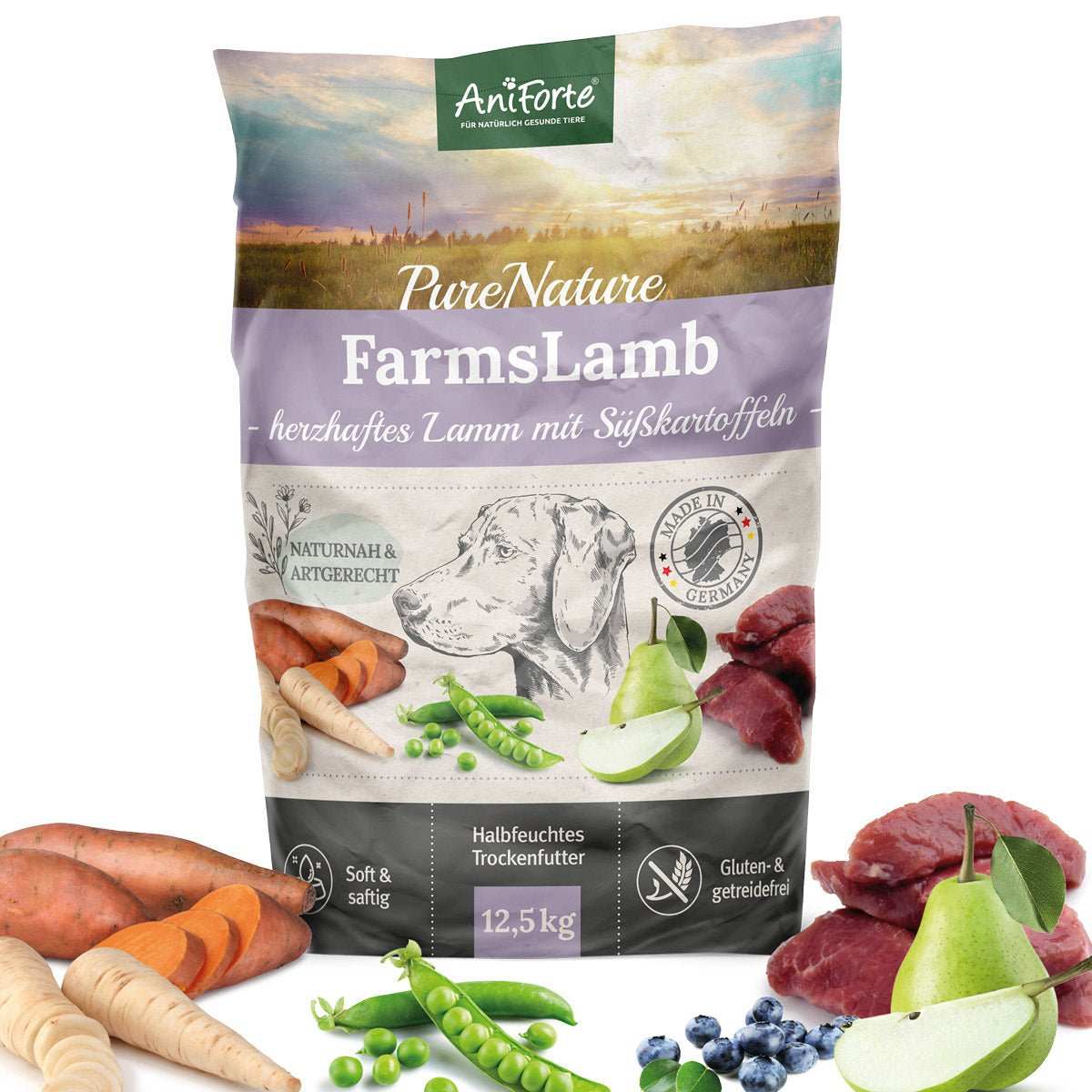 AniForte PureNature FarmsLamb Trockenfutter mit Lamm und Süßkartoffeln, ideal für ernährungssensible Hunde, 12,5 kg Packung.