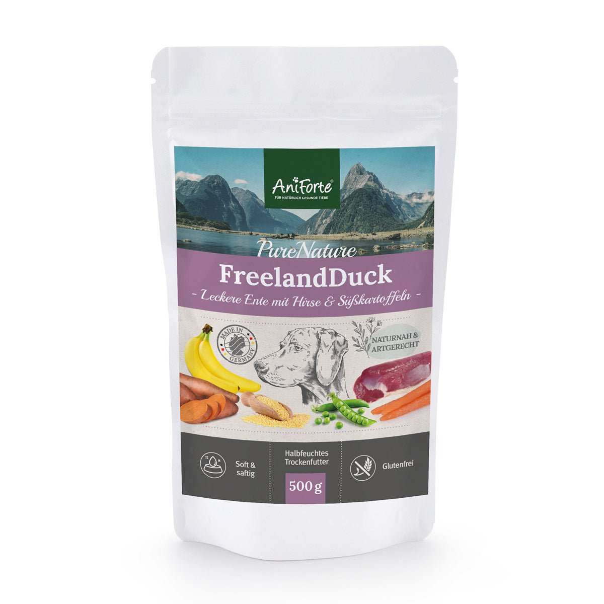 Halbfeuchtes Trockenfutter AniForte PureNature FreelandDuck mit Ente und Hirse, 500g Packung.