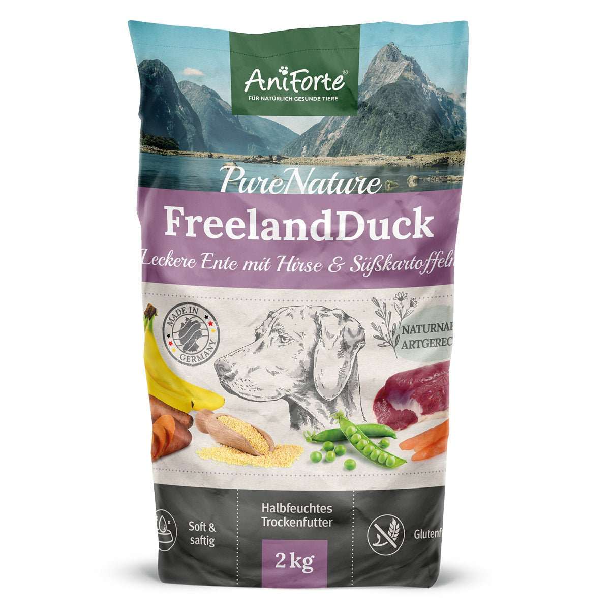Halbfeuchtes Trockenfutter FreelandDuck mit Ente und Hirse, geeignet für ernährungssensible Hunde, glutenfrei, 2 kg.