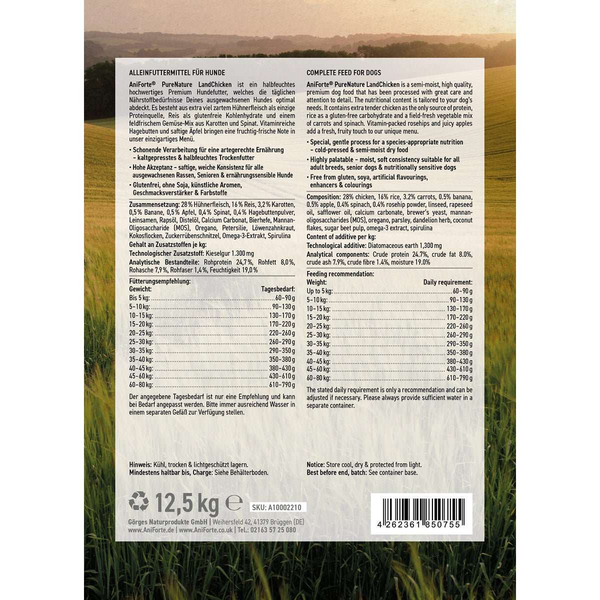 Etikett und Inhaltsangabe Trockenfutter LandChicken – Zartes Huhn mit Reis - AniForte