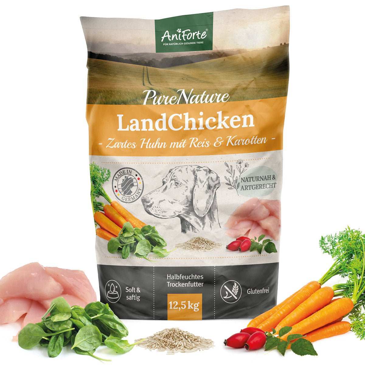 Premium Trockenfutter LandChicken für Hunde, zartes Huhn mit Reis und Gemüse, glutenfrei und halbfeucht.