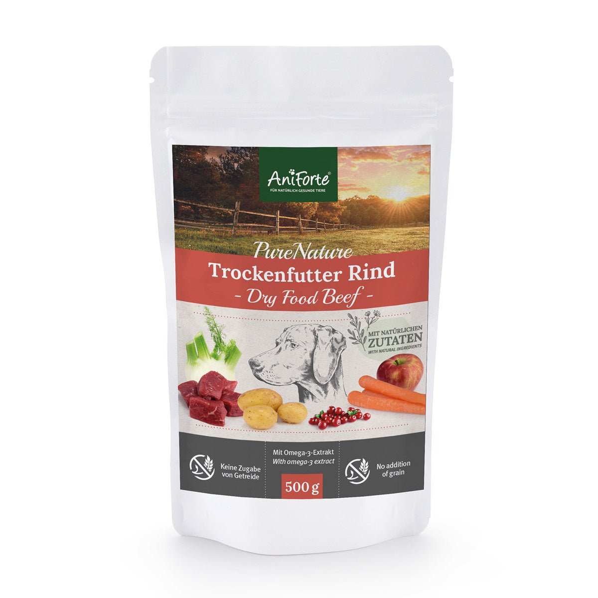 AniForte PureNature Trockenfutter Rind in 500g Verpackung, hochwertiges Hundefutter mit Rind, Kartoffeln und Gemüse, getreidefrei.